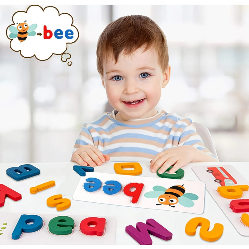 Envolvente jogo de ortografia infantil com letras de madeira