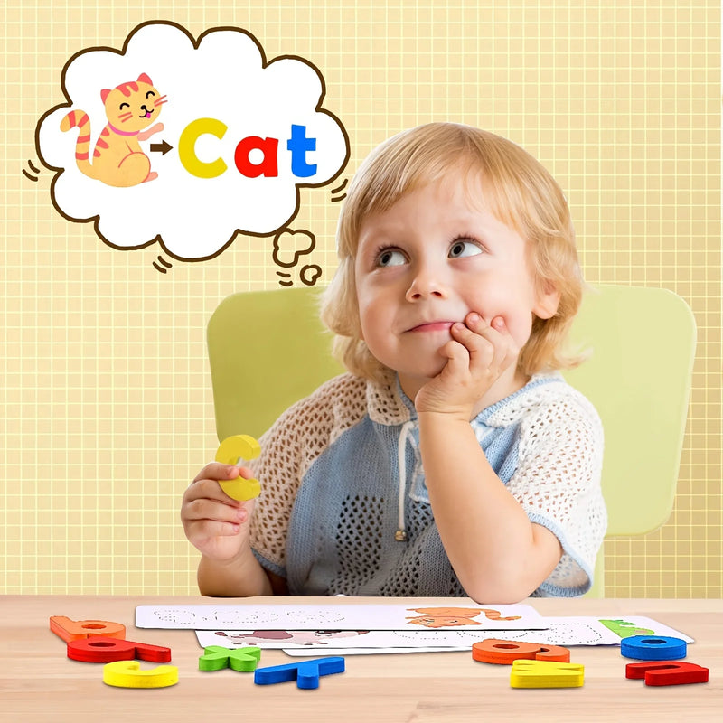 Envolvente jogo de ortografia infantil com letras de madeira